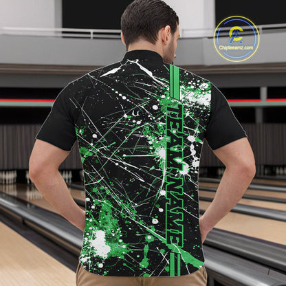 Custom Black And Green Splatter Camo Strike Bowling League Shirts, Men Bowling Jerseys IPHW10653