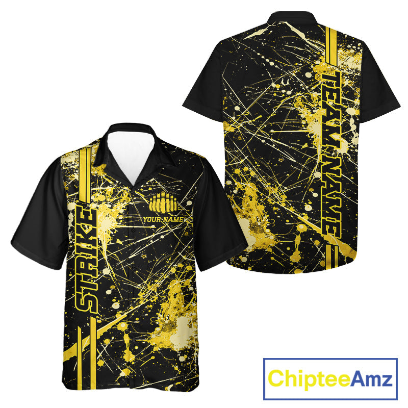 Custom Black And Yellow Splatter Camo Strike Bowling League Shirts, Men And Women Bowling Jerseys IPHW10654