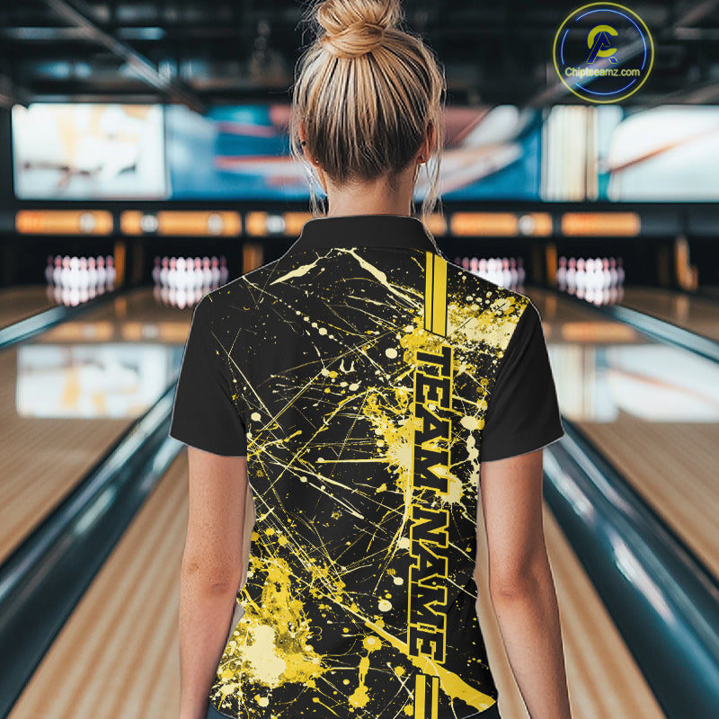 Custom Black And Yellow Splatter Camo Strike Bowling League Shirts, Women Bowling Jerseys IPHW10654