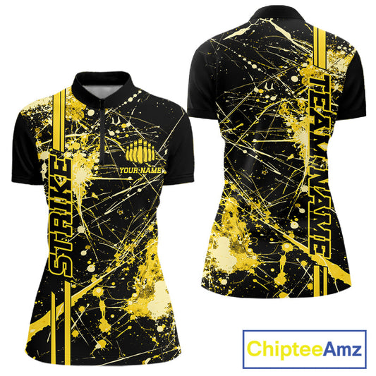 Custom Black And Yellow Splatter Camo Strike Bowling League Shirt, Women Bowling Jerseys IPHW10654