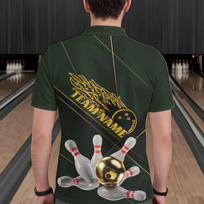 Custom Green And Gold Bowling Shirts For Men, Flame Bowling Team Shirts Bowling Uniform IPHW10663