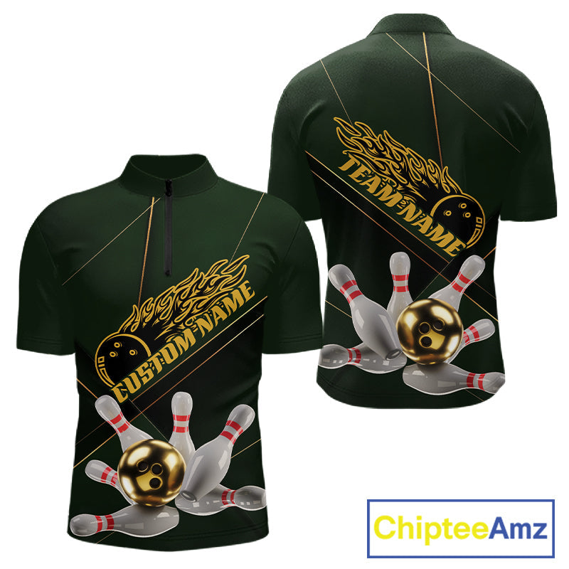 Custom Green And Gold Bowling Shirts For Men, Flame Bowling Team Shirts Bowling Uniform IPHW10663