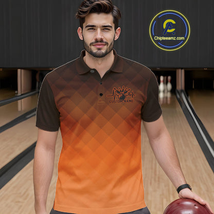 Bowling Heartbeat Pulse Line Orange Argyle Custom Bowling Team Polo Shirts For Men IPHW10666