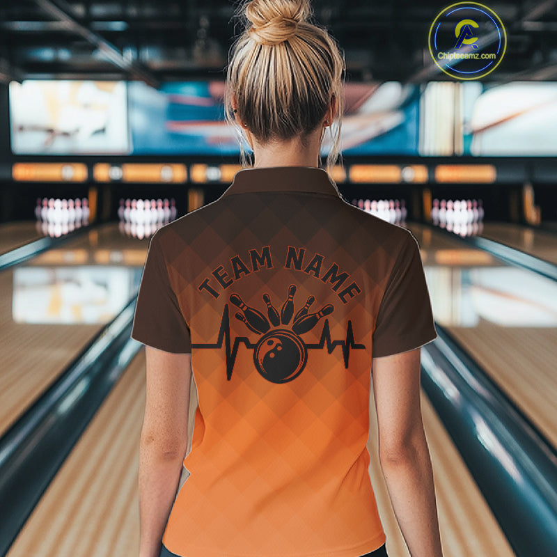 Bowling Heartbeat Pulse Line Orange Argyle Custom Bowling Quarter-Zip Shirts For Women IPHW10666