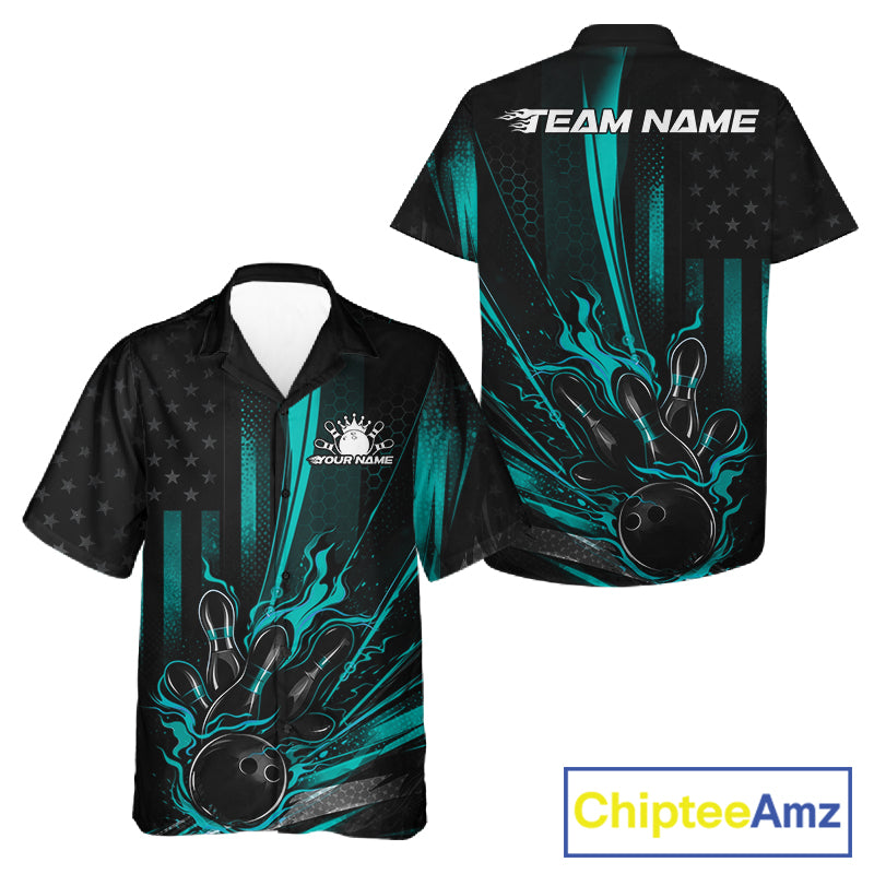 Front and back view of a black and turquoise blue button-up bowling shirt featuring distressed American flag design with bowling strike graphics.