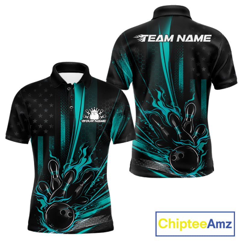 Front and back view of a black and turquoise blue men’s bowling polo shirt featuring a distressed American flag theme and bowling ball striking pins.