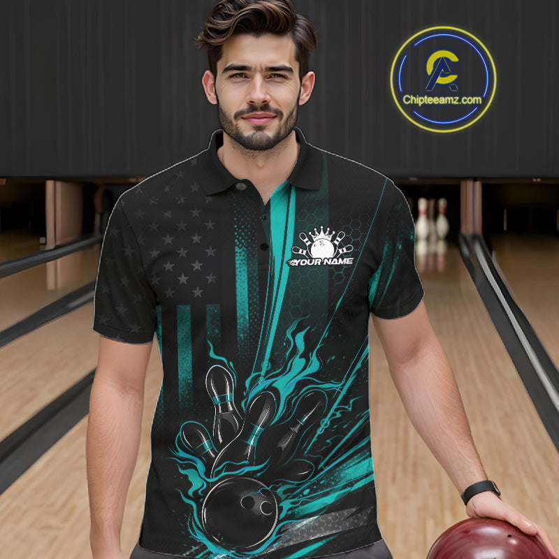 Male model wearing a black and turquoise blue bowling polo shirt at a bowling lane with patriotic bowling graphics and flame accents.
