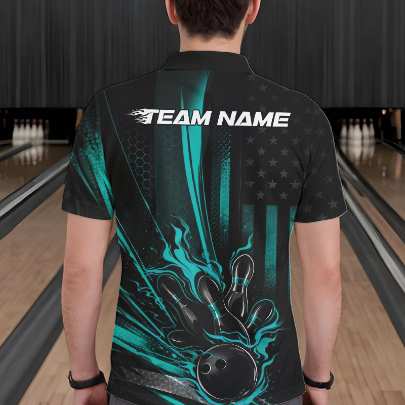 Back view of a male model in a bowling center wearing a black and turquoise blue polo showcasing bowling strike artwork with distressed flag styling.