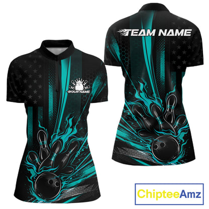 Front and back display of a black and turquoise blue women’s bowling quarter-zip shirt featuring a patriotic bowling ball striking pins with distressed American flag artwork.