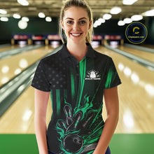 Load image into Gallery viewer, Custom Green US Flag Patriotic Women Bowling Shirt, American Flame Bowling Jersey IPHW11151