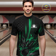 Load image into Gallery viewer, Custom Green US Flag Patriotic Men Bowling Shirt, American Flame Bowling Jersey IPHW11151