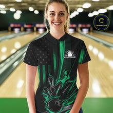 Load image into Gallery viewer, Custom Green US Flag Patriotic Women Bowling Shirt, American Flame Bowling Jersey IPHW11151