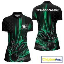 Load image into Gallery viewer, Custom Green US Flag Patriotic Women Bowling Shirt, American Flame Bowling Jersey IPHW11151