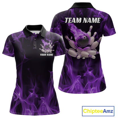 Front and back view of a black and purple women’s bowling polo shirt mockup showing a bowling ball crashing through pins with a fiery background design.