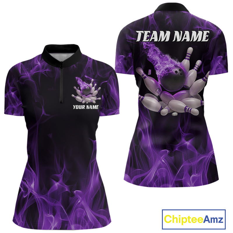 Front and back display of a black and purple women’s bowling quarter-zip shirt featuring a bowling ball crashing into scattered pins with fiery graphics.