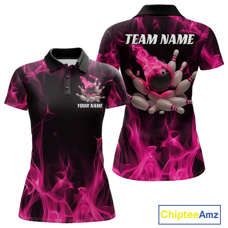 Front and back mockup of a black and pink womens bowling polo shirt featuring a bowling ball crashing into scattered pins with a blazing flame background.