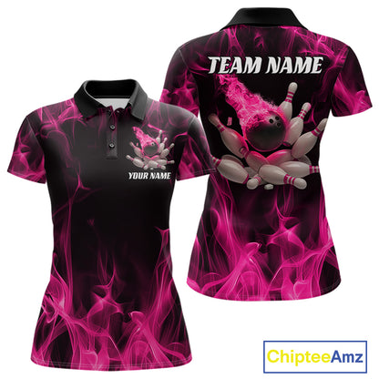 Front and back mockup of a black and pink womens bowling polo shirt featuring a bowling ball crashing into scattered pins with a blazing flame background.