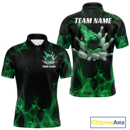 Front and back view of a black and green men’s bowling polo shirt featuring a bowling ball crashing into scattered pins with a flames background.
