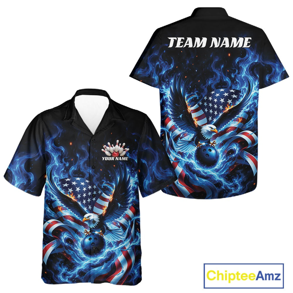 Button up bowling shirt mockup shown front and back with bald eagle artwork, blue bowling ball, American flag, and blue flame accents.