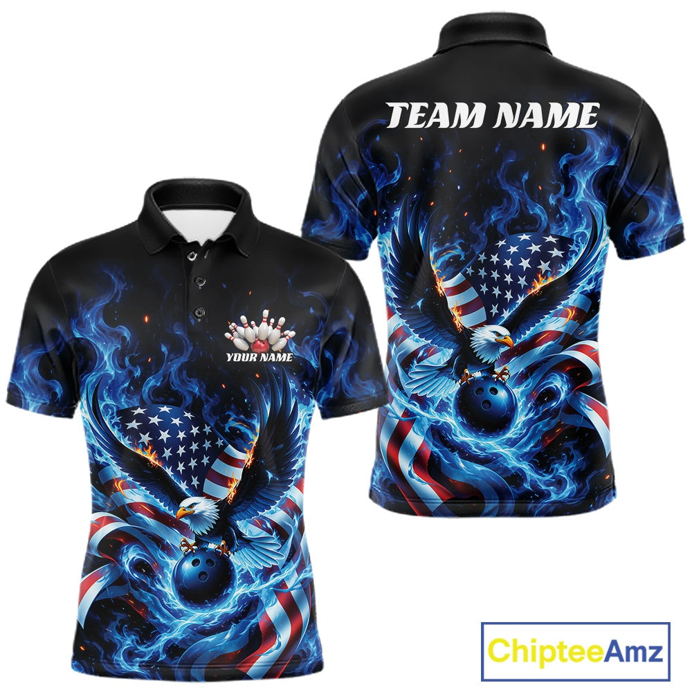 Men’s bowling polo shirt mockup shown front and back with flaming bald eagle artwork, blue bowling ball, American flag, and blue flame accents.