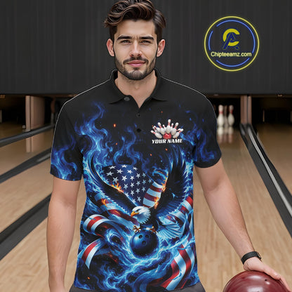 Front view of a male model at the bowling lane wearing a polo shirt with flaming eagle graphics, blue bowling ball, American flag, and blue flames.