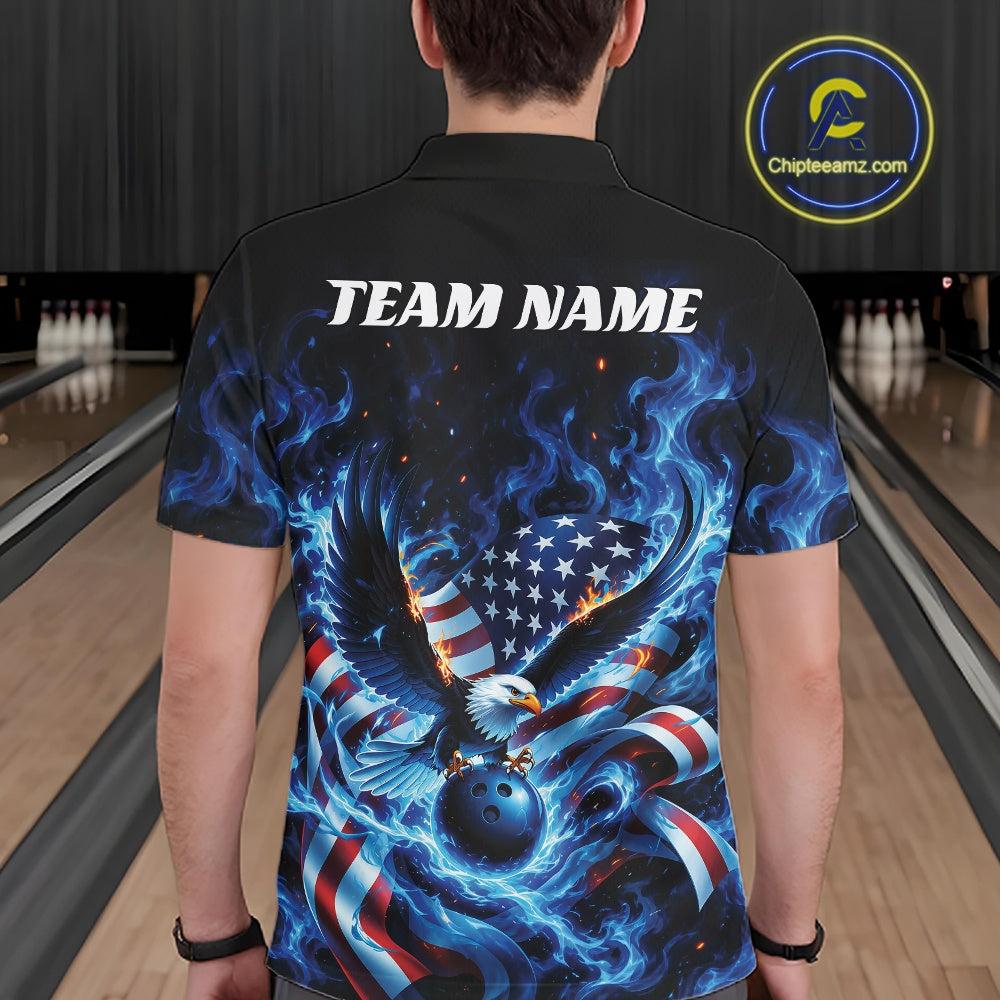 Back view of a male model in a bowling lane wearing a bowling polo shirt with flaming eagle artwork, blue bowling ball, flag details, and blue flames.