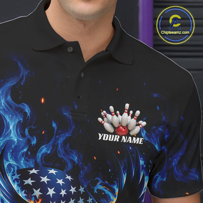 Left chest close up of a bowling polo shirt featuring flaming bald eagle graphics, a blue bowling ball, American flag, and blue flames.