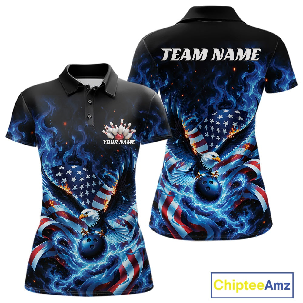 Women’s polo shirt mockup shown front and back with flaming eagle graphics, a blue bowling ball, American flag, and blue flame accents.