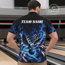 Load image into Gallery viewer, Male model front view at the bowling lane wearing a bowling quarter zip shirt with flaming bald eagle artwork, blue bowling ball, and flag accents.