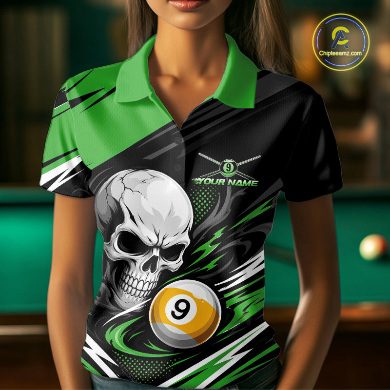 Custom Black And Green 9 Ball Skull Billiards Women Polo Shirt, Pool Team Shirt IPHW11743