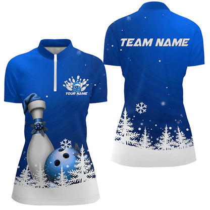 Blue Snowflake Custom Christmas Bowling Shirts For Women, Santa Bowling Team Outfit Shirt IPHW7868