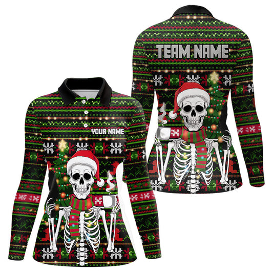 Custom Ugly Sweater Pattern Skull Christmas Pickleball Long Sleeve Polo Shirts For Women IPHW8085