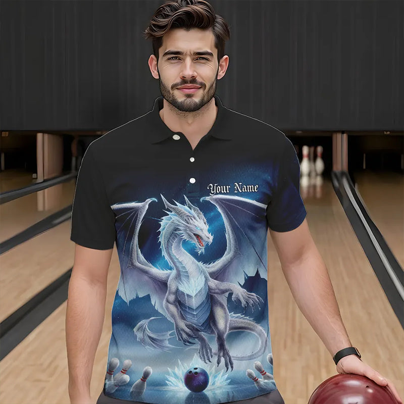 Custom Blue Ice Dragon Bowling Polo Shirts For Men, Dragon Bowling League Shirt IPHW8301