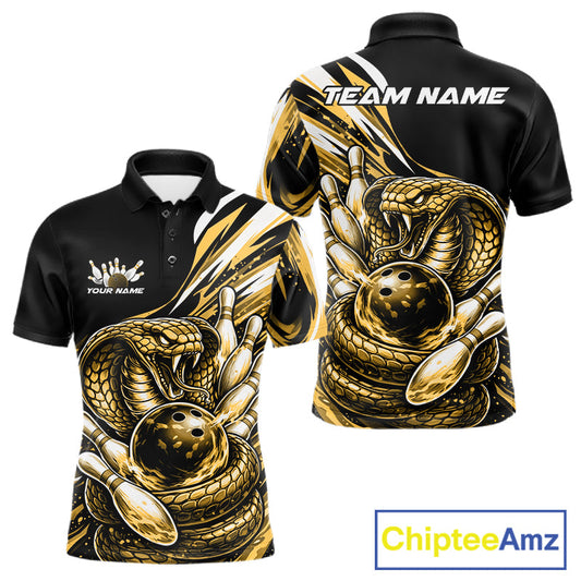 Custom Black And Yellow Cobra Snake Men Bowling Polo Shirts, Cobra Bowling Jerseys IPHW10372