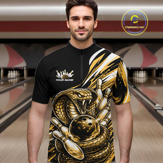 Custom Black And Yellow Cobra Snake Men Bowling Quarter-Zip Shirts, Cobra Bowling Jerseys IPHW10372