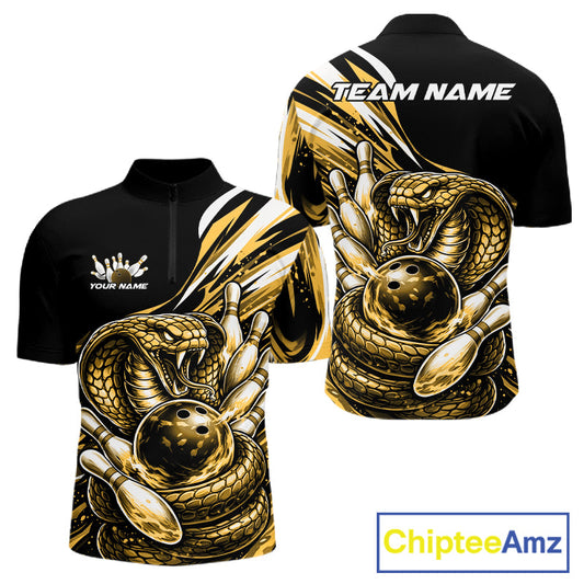 Custom Black And Yellow Cobra Snake Men Bowling Quarter-Zip Shirts, Cobra Bowling Jerseys IPHW10372