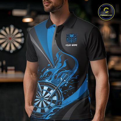 Custom Black And Blue Flame Dartboard Darts Team Men Polo Shirts, Darts Jerseys IPHW10382