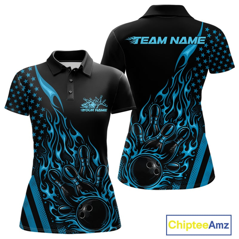 Front and back view of a black women’s bowling polo shirt showcasing a blue flaming bowling ball striking pins with a patriotic American flag theme.
