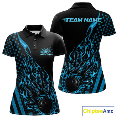 Front and back view of a black women’s bowling polo shirt showcasing a blue flaming bowling ball striking pins with a patriotic American flag theme.