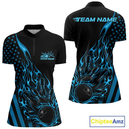 Front and back display of a black women’s bowling quarter-zip shirt featuring a blue flaming bowling ball striking pins with an American flag theme.