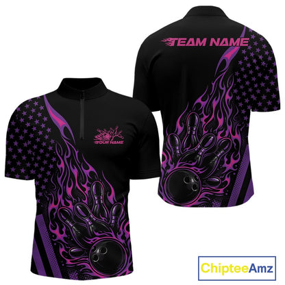 Front and back view of a black men’s bowling quarter-zip shirt showcasing a pink and purple flaming bowling ball striking pins with patriotic styling.