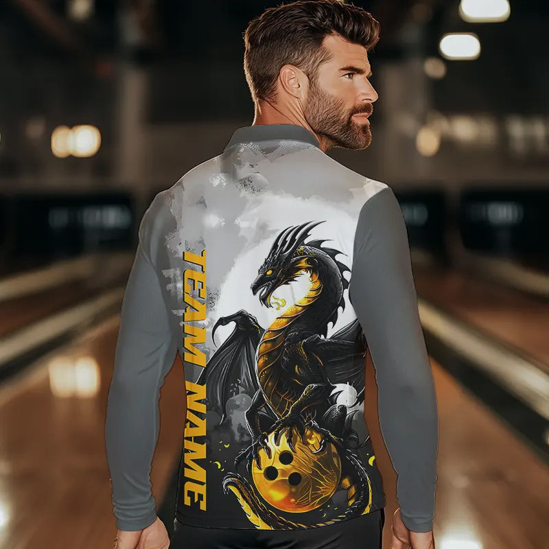 Black And Gold Custom Dragon Bowling Long Sleeve Polo Shirts For Men, Dragon Bowling Team Shirts IPHW7058