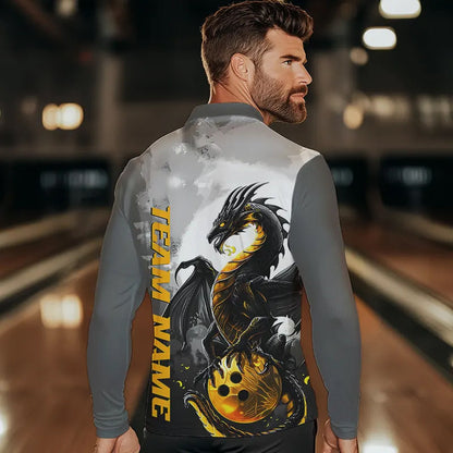 Black And Gold Custom Dragon Bowling Long Sleeve Polo Shirts For Men, Dragon Bowling Team Shirts IPHW7058
