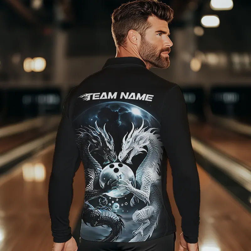 Black And White Dragon Custom Bowling Long Sleeve Polo Shirts For Men, Dragon Bowling League Shirt IPHW7064