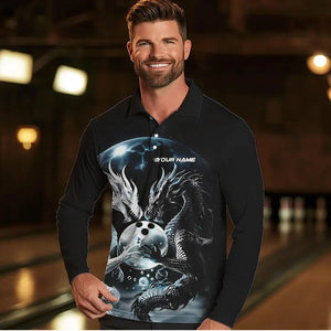Black And White Dragon Custom Bowling Long Sleeve Polo Shirts For Men, Dragon Bowling League Shirt IPHW7064