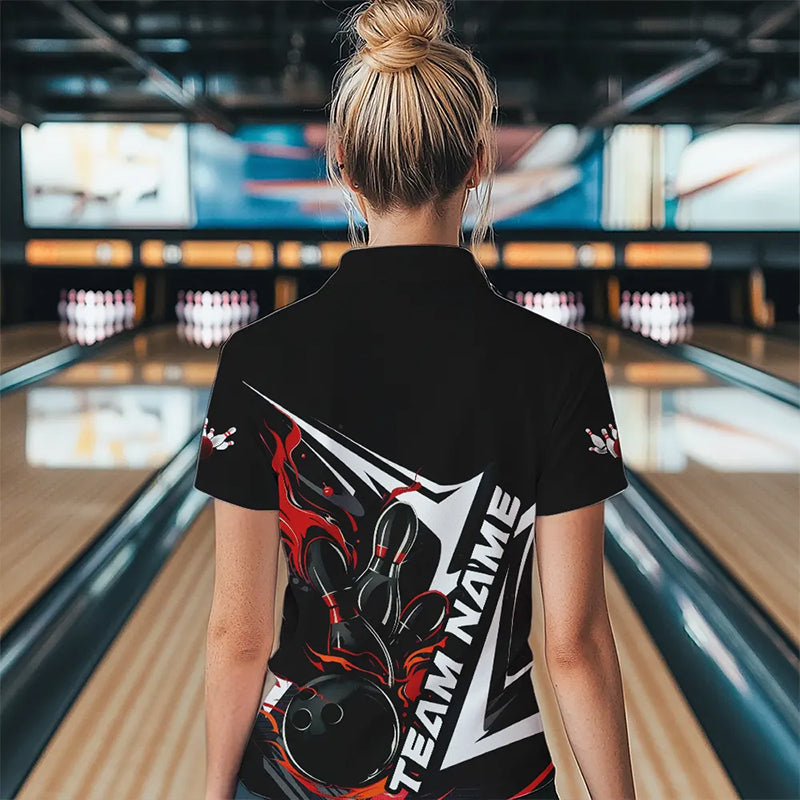 Custom Black And Red Flame Strike Bowling Polo Shirts For Women, Strike Bowling Jerseys IPHW8312