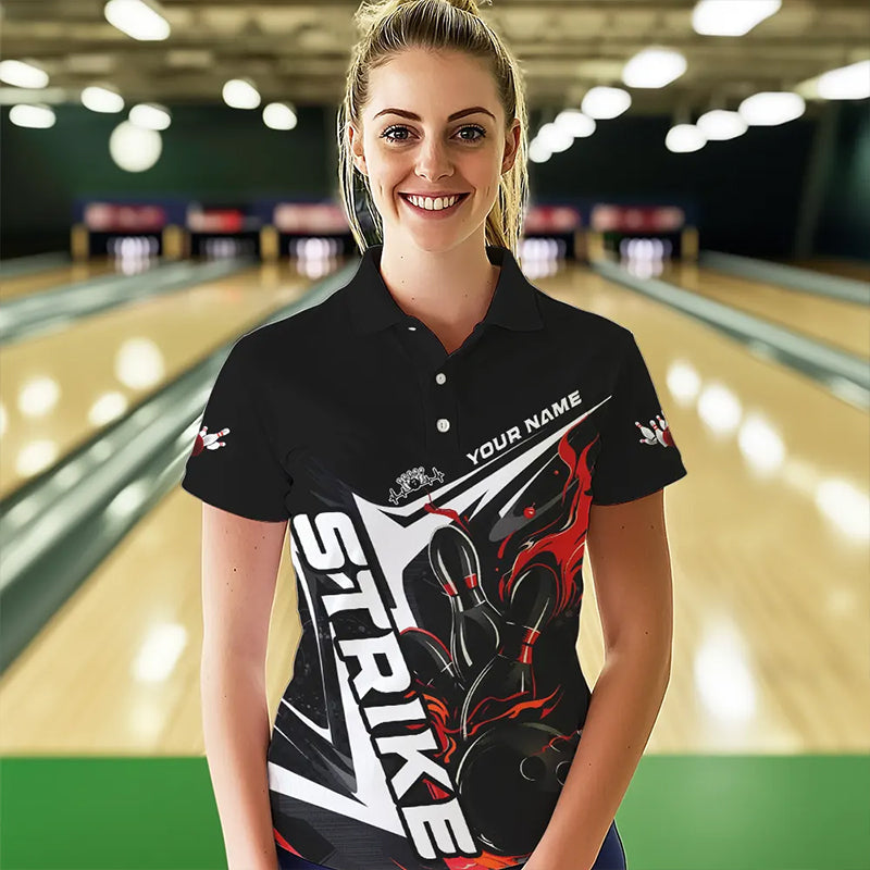 Custom Black And Red Flame Strike Bowling Polo Shirts For Women, Strike Bowling Jerseys IPHW8312