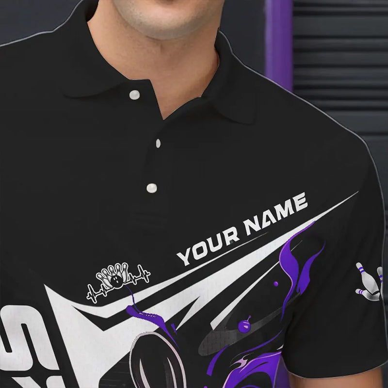 Custom Black And Purple Flame Strike Bowling Polo Shirts For Men, Strike Bowling Jerseys IPHW8315