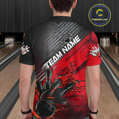 Custom Red Strike Flame Bowling Polo Shirts For Men, Bowling Team Shirt Bowlers Outift IPHW9615