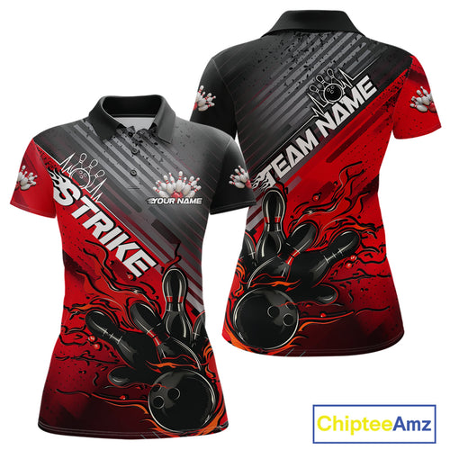 Custom Red Strike Flame Bowling Polo Shirts For Women, Bowling Team Shirt Bowlers Outift IPHW9615